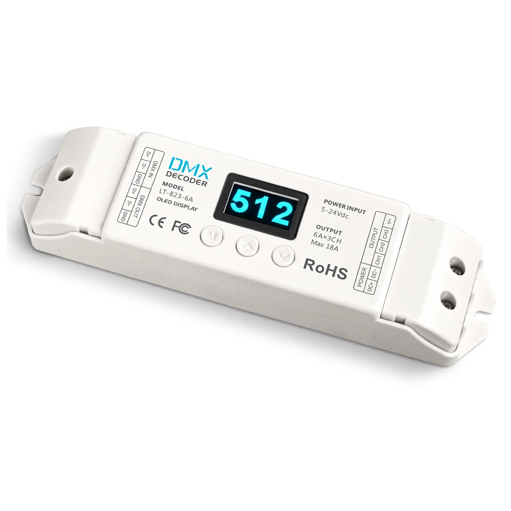 

Ltech LED DMX rgb Decoder Controller 5V 12V 24V DMX512 Decoder OLED display 3 channels 18A DMX 512 Constant Voltage Decoder