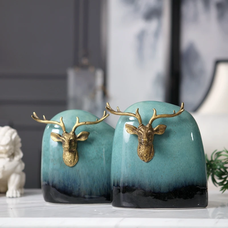 

Creative Nordic Aluminum Deer Head Statues Home Decorative Crafts Blue Ceramic Figurine Decoration Objects Arts Gifts