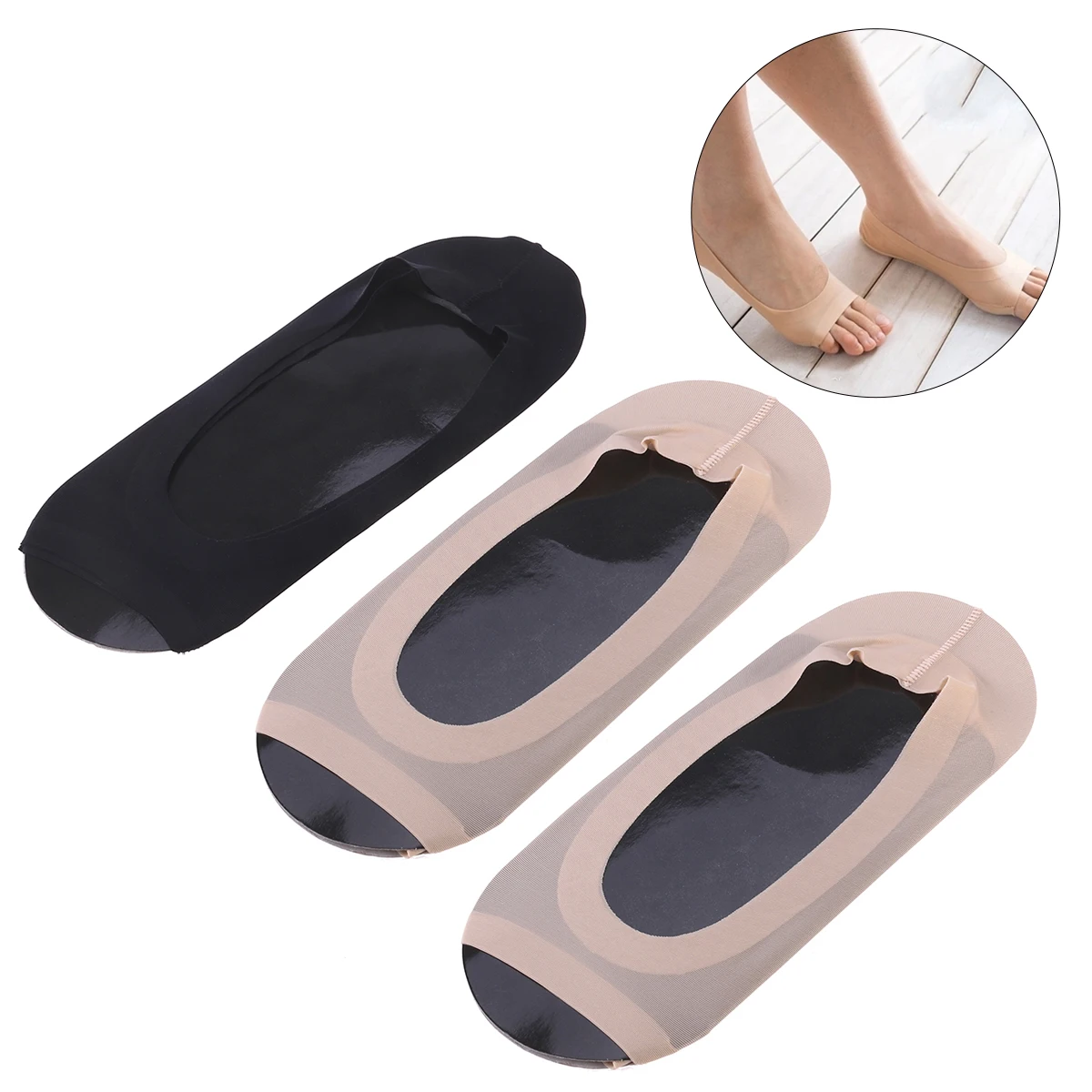 

3 Pairs Invisible Peep Toe Socks Non-slip Heel Grip Low Cut Ankle Liner Toeless Socks (Black & Beige)