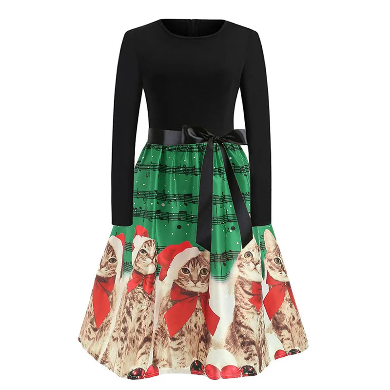 Cute Cat Print Christmas Dress Women Elegant Slim Vintage Party Dresses