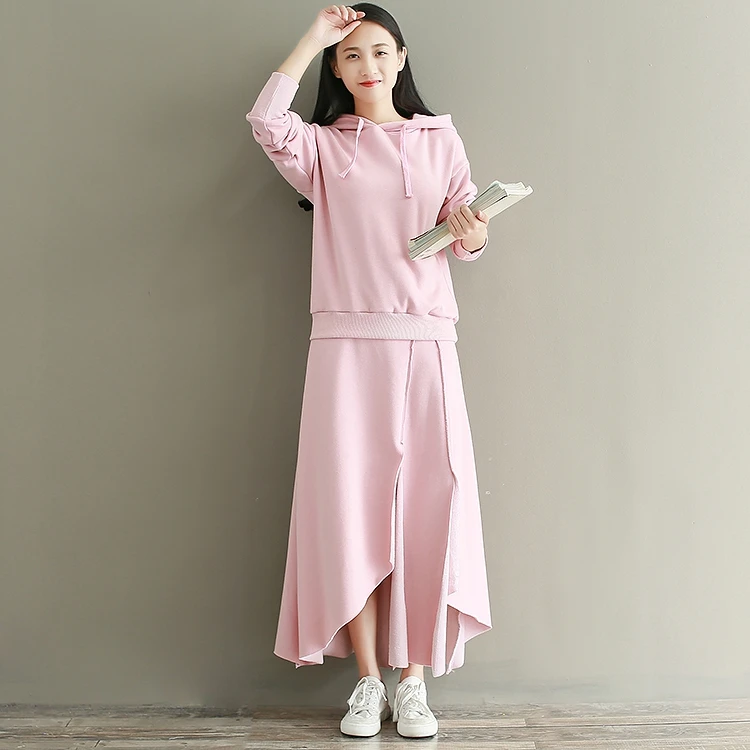

2 Piece Set Women Cotton Suit 2018 Spring Fashion Black Gray Pink Crop Top Hoodies + Stylish Irregular Rough Skirt Art Clean