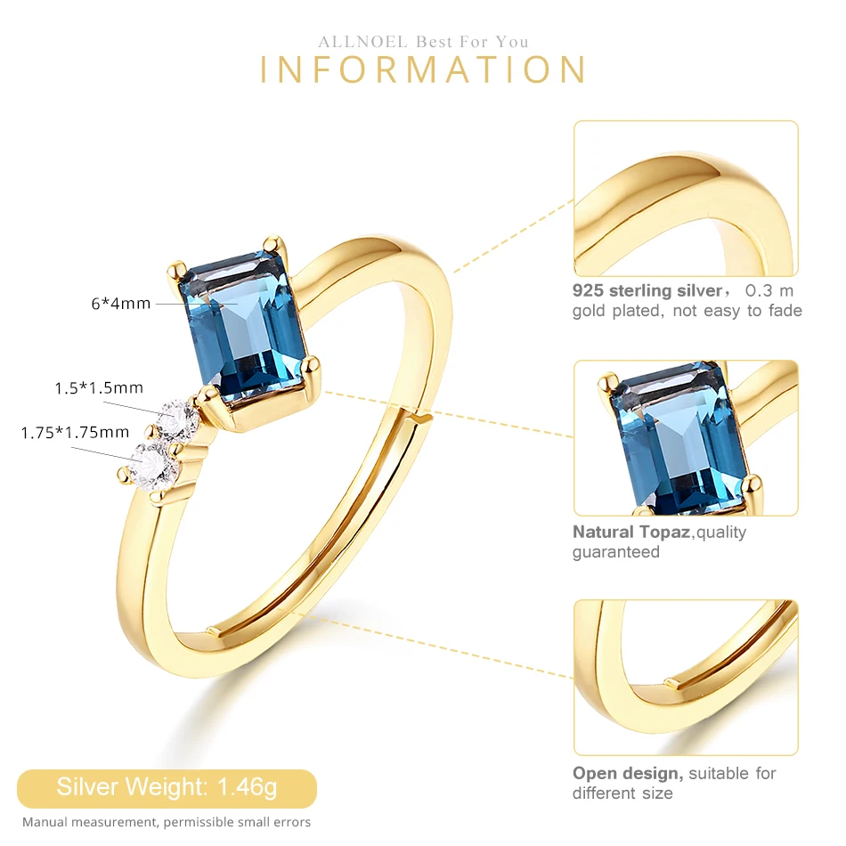 ALLNOEL Solid 925 Sterling Silver Gemstone Ring For Women Classic Natural Blue Topaz Weddings Bands Luxury Fine Jewelry Gift