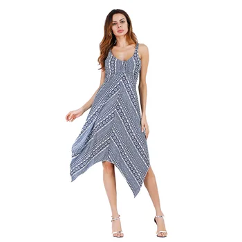

2019 Fashion New Summer Women Sleeveless Vintage Print Dress Irregular Hem Spaghetti Strap Backless Beach Dress Lady Boho Tunic