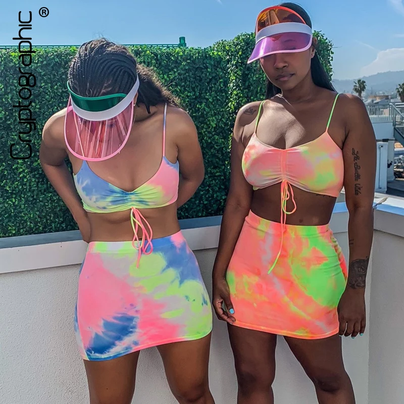 

Cryptographic Tie Dye Ruched Drawstring Matching Set Top and Skirt Outfit Summer Two Piece Set Sexy Crop Tops High Waist Skirt