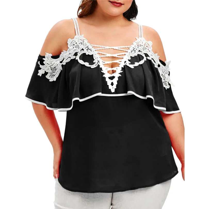 

KWAN_Fashion Flower lace design Large Size Women Off Shoulder Ruffled butterfly sleeve V-Neck Shirt Tops female T-shirt punk #