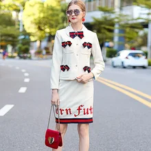 Catwalk High Quality New Runway Designer 2017 Spring and Autumn Women’s Professional Office Bowknot Lapel Jacket Skirt Set