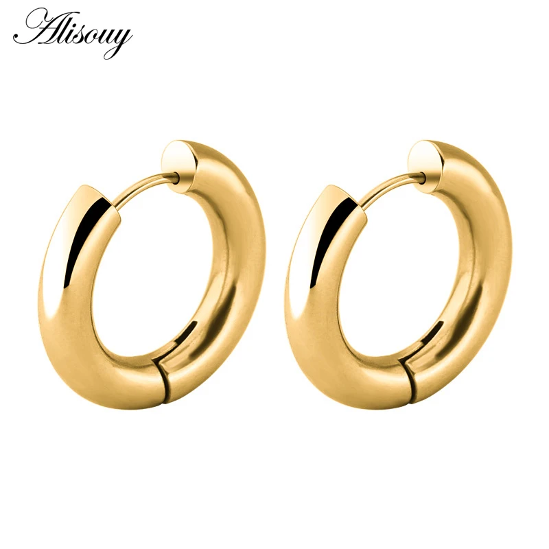 Alisouy Black/Rose Gold/Silver Color Tone Stainless Steel Hoop Earrings Round Loop Earring Men Women big size Hyperbole Jewelry