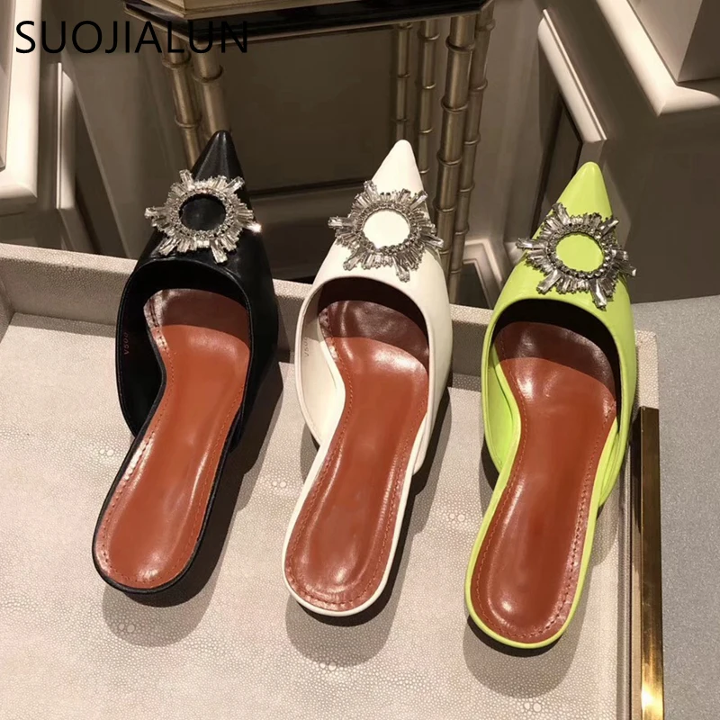 

SUOJIALUN Women Summer Mules Slipper Brand Design Bling Crystal Rhinestone Outside Sandals Pointed Toe Low Heels Slippers Slides