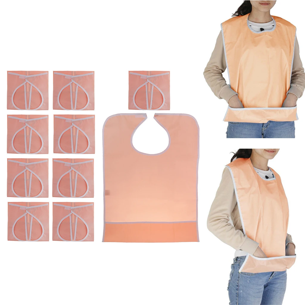 

10pcs Orange Waterproof Reusable Adult Mealtime Eating Bib Cloth Protector Apron with Food Catcher Pocket