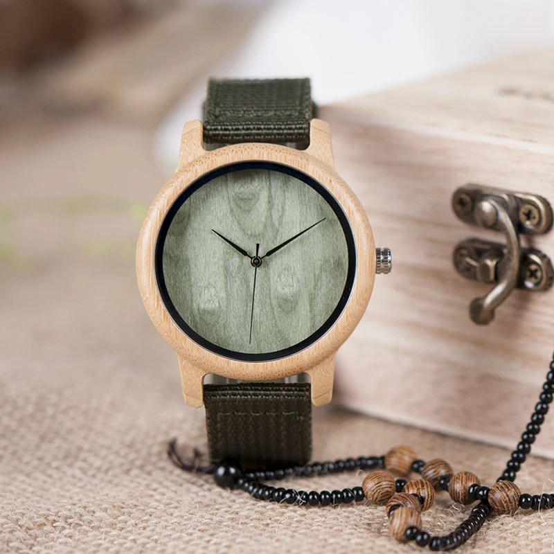 BOBO BIRD Mens Natural Wood Bamboo Watches Womens Vintage Wooden Watch relogio masculino Green Dial Nylon Strap in Wood box