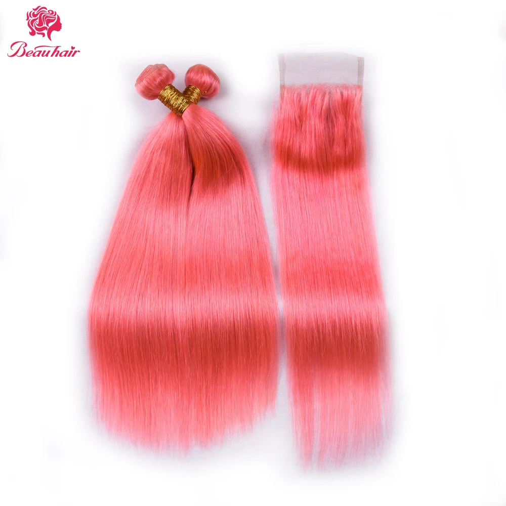 Beauhair 2 Bundles with 4*4 closure Rose Gold Color Brazilian straight