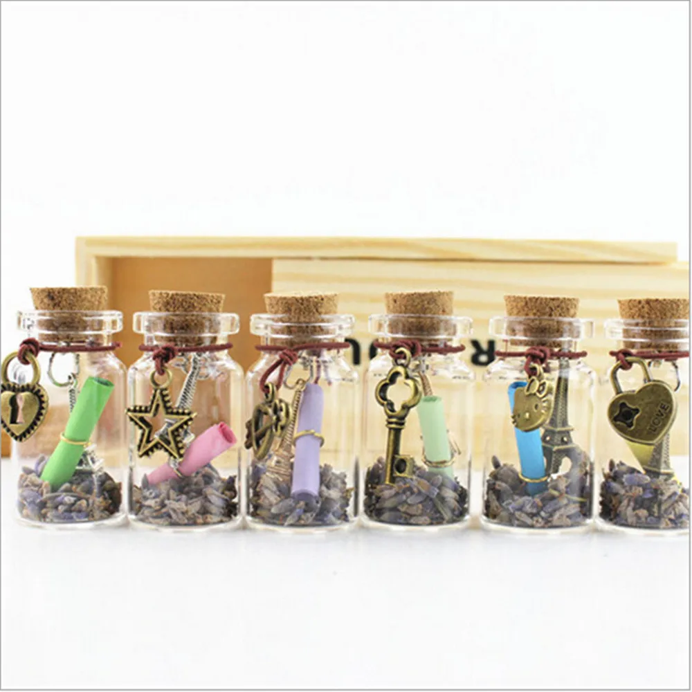 

Free shipping 6PCS a set FOR YOU lavender Mini Clear Cork Stopper Glass Bottles Small Wishing Bottle Size 2.5*4cm