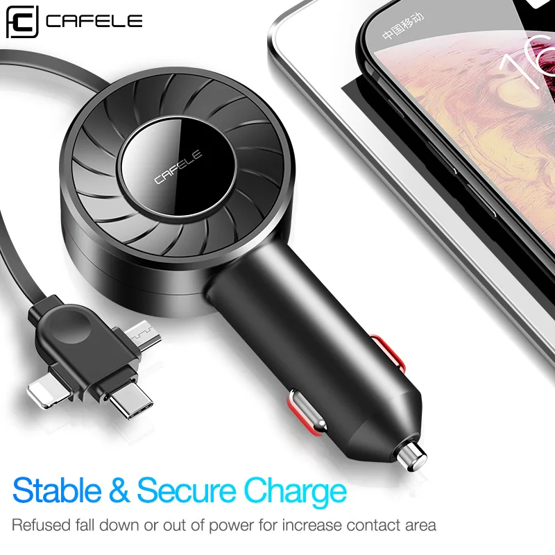 CAFELE شاحن سيارة ثنائي USB الناتج 3 في 1 قابل للسحب المصغّر USB كابل نوع C كابل شحن ل فون Xiaomi 8 سامسونج S9 80 cm