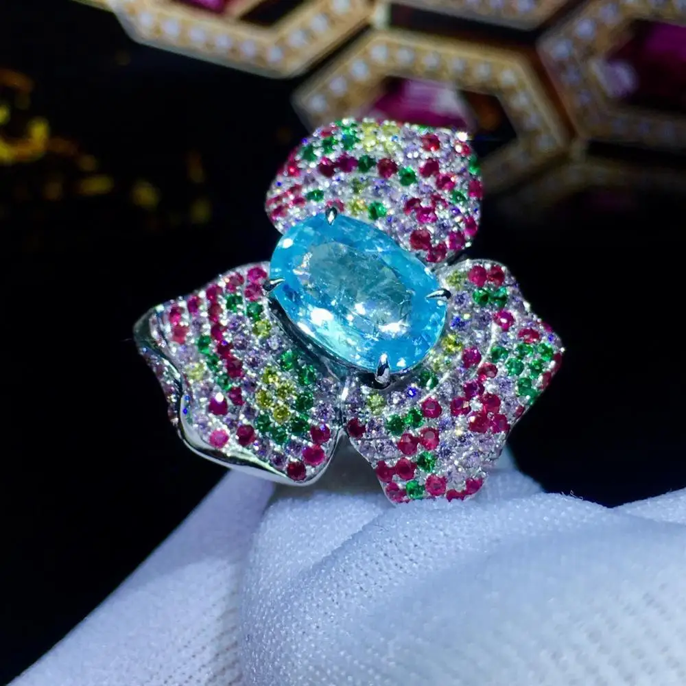 

Paraiba Tourmaline Ring 2.17ct Pure 18 K Gold Natural Paraiba Tourmaline Gemstones Diamonds Female Rings for Women Fine Ring