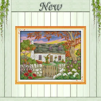 

Small courtyard autumn decor painting counted print on canvas DMC 14CT 11CT chinese Cross Stitch Needlework Sets Embroidery kits