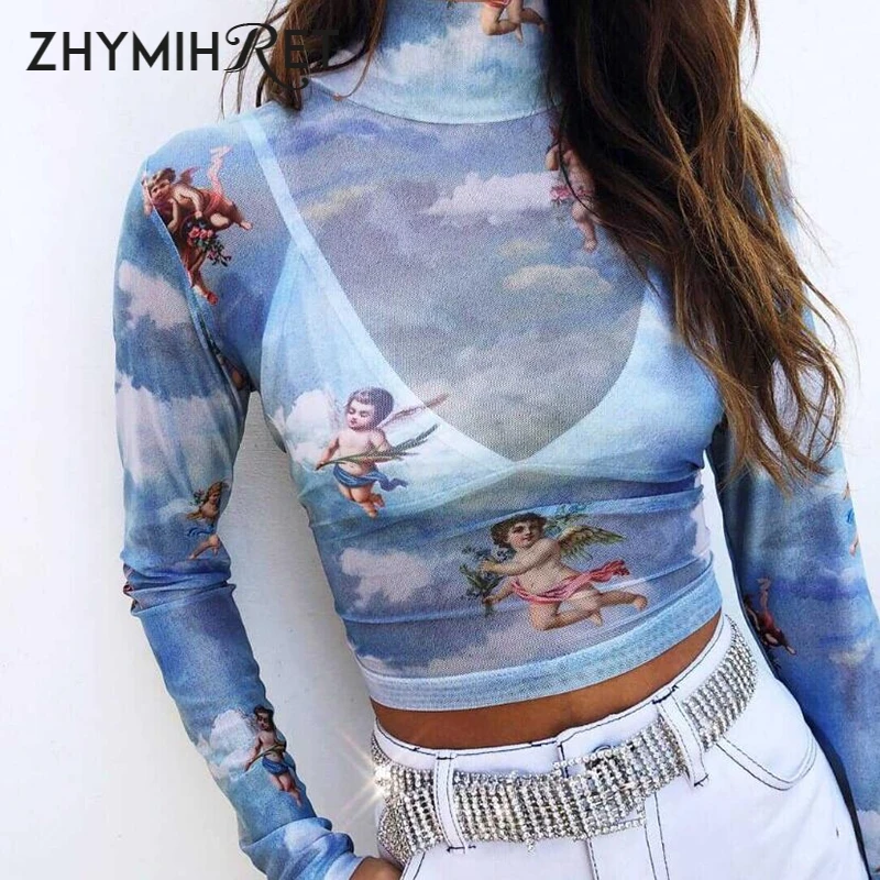 

ZHYMIHRET Kawaii Cupid Print Mesh Crop Top Autumn T Shirt Women Long Sleeve Mock Neck Tshirt Poleras De Mujer Moda Camisas Mujer