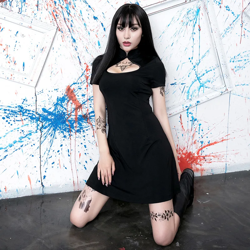 

2019 New Gothic Summer Sexy Club Dress Women Solid Black Chinese Vintage Elegant Goth Heart Hollow Out A Line Mini Dresses