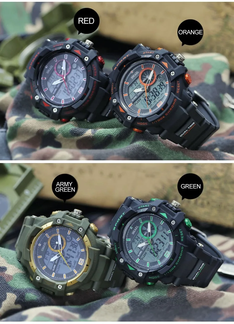 Smael Спортивные часы Для мужчин s шок светодиодный цифровой Военная Униформа часы G Стиль 50 м Водонепроницаемый наручные часы Montre Homme человек