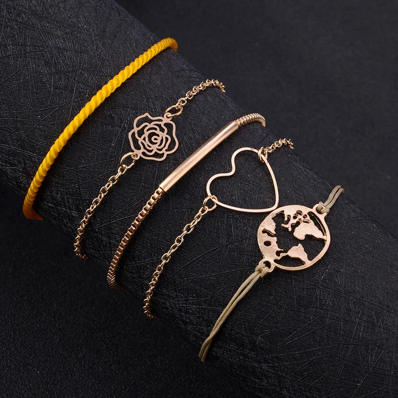 5Pcs/Set Bohe Hollow Big Love Rose Bracelet Women Bright Yellow Soft Rope World Map Five Piece Set Bracelet Summer Beach jewelry