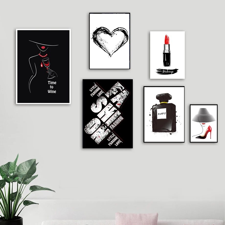 

Abstract Girl Love Paris Perfume Lipstick Heels Wall Art Canvas Painting Nordic Posters And Prints Wall Picture Salon Home Decor