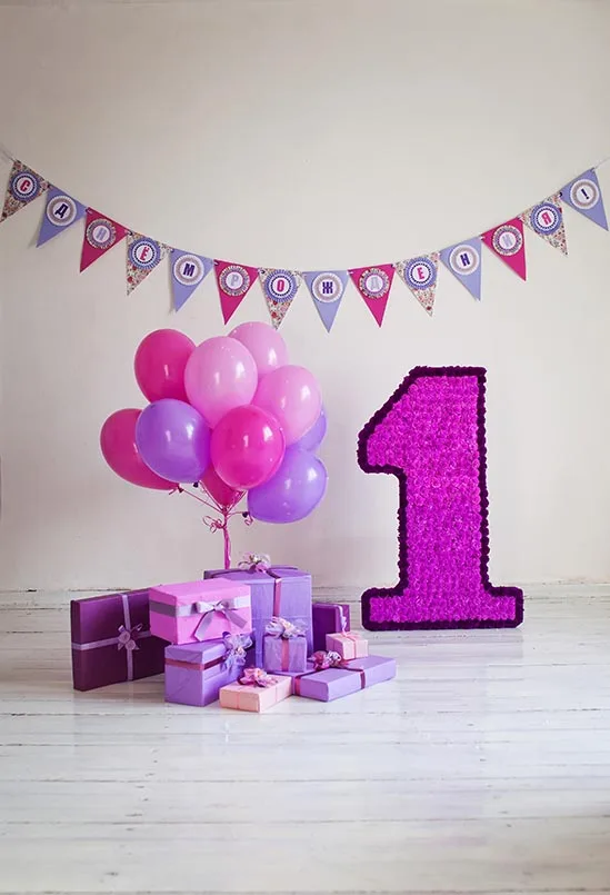 Vinyl happy one year birthday balloon photography backdrops printed
