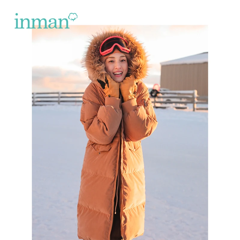 

INMAN Winter New Arrival Fur Collar Hoody Loose Style Causal Warm Women Long Down Coat