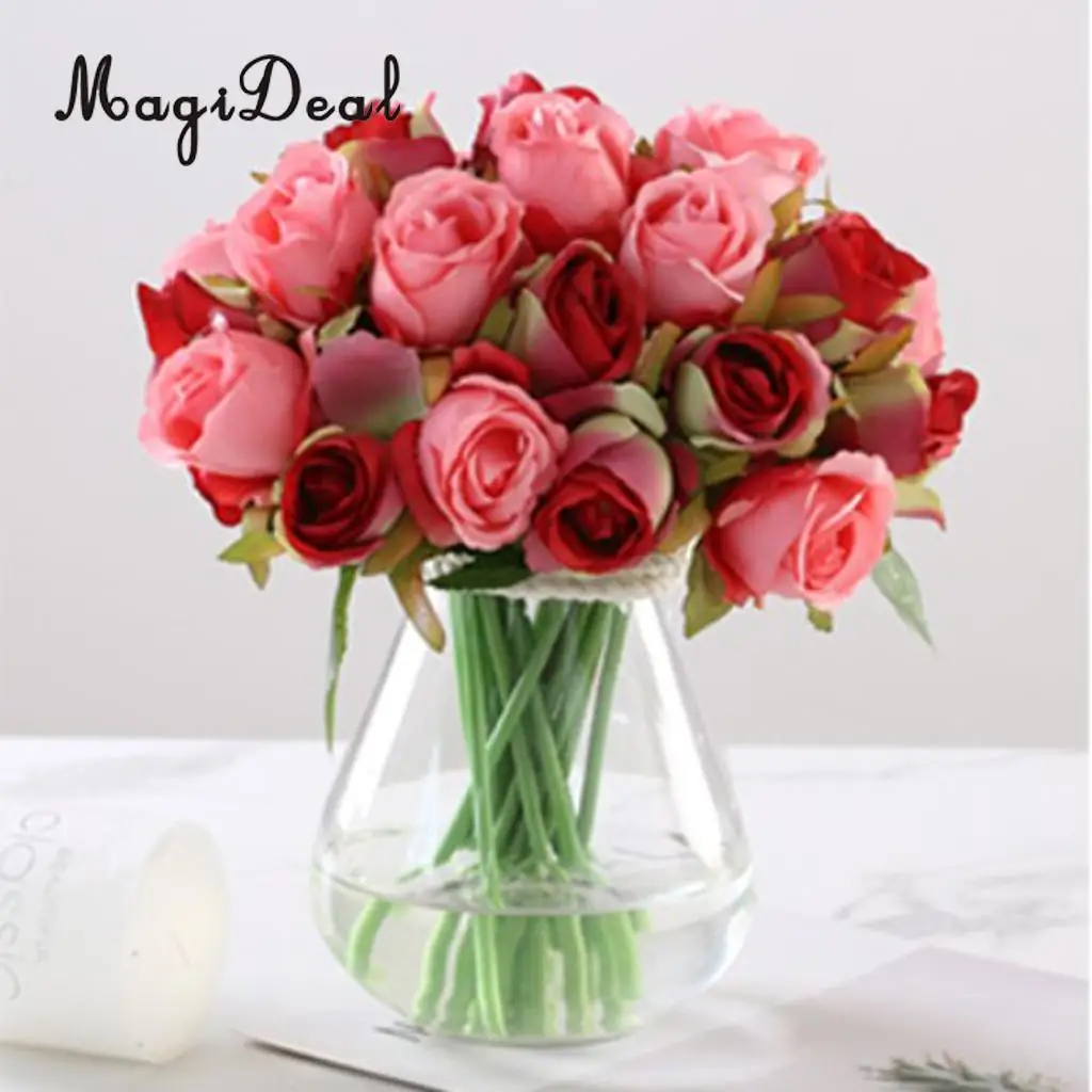 MagiDeal Artificial 12 Branch 25cm Rose Flower Bush Home Decor Wedding Floral Bouquet Potted Table Top Desk Centerpiece