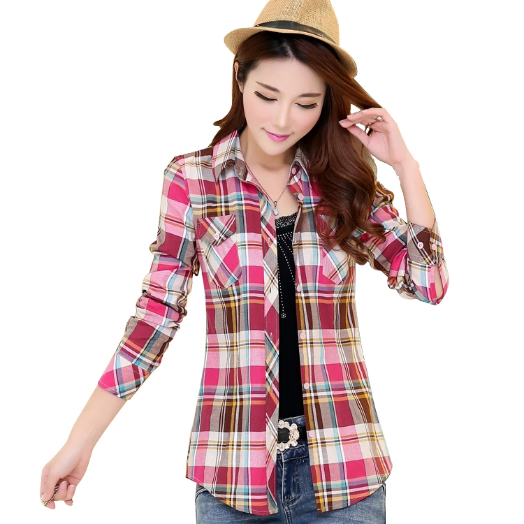 2016 primavera nueva camisa Casual Blusas de talla grande ropa de mujer 100% de algodón de manga larga a cuadros camisa mujeres Tops Blusas 8 colores|blusas plus|blouses plusshirt - AliExpress