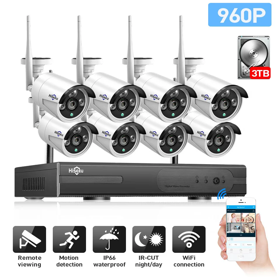 

Hiseeu Wireless CCTV System 960P 8ch Powerful Wireless NVR 3TB HDD IP Camera IR-CUT CCTV Home Security System Surveillance Kits