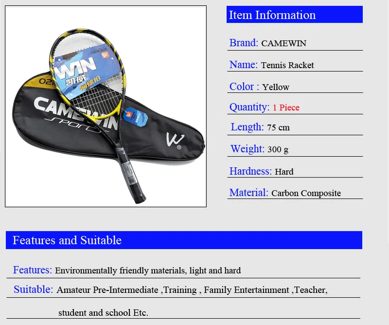 1 шт. 75 см Открытый алюминиевый сплав Теннисная ракетка CAMEWIN бренд тренажерный зал Теннисная ракетка с сумкой для мужчин и женщин(Цвет: черный желтый