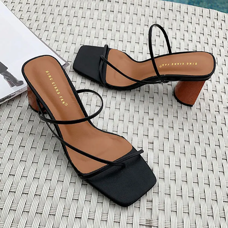 ElisabetTang Vintage Square Toe Sandals Women Narrow Band High Heel Women Sandals Simple Classic Elegant Slip on Beach Sandals