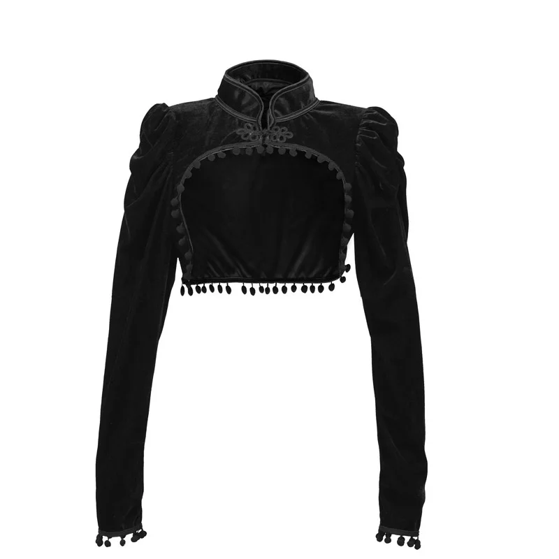 

Steampunk Black Flannel Chinese Knot Crop Women Long Sleeves Jacket Sexy Gothic Clothing Outerwear Streetwear Corset Accessories