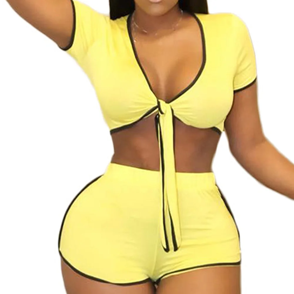 

Yellow Sexy Two Piece Set Hollow Out Bodycon Jumpsuit Women Bandage Short Sleeve Holiday Beach Casual Summer Party Overalls