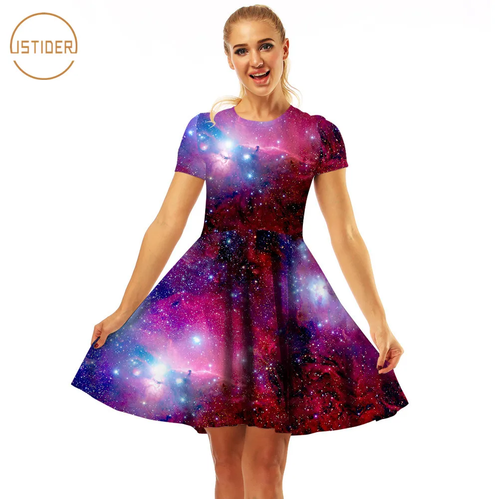 

ISTider 2018 New Summer Dress Fashion Women High Waist Pleated Dresses 3D Printed Purple Space Galaxy Dress Sexy Mini Dresses