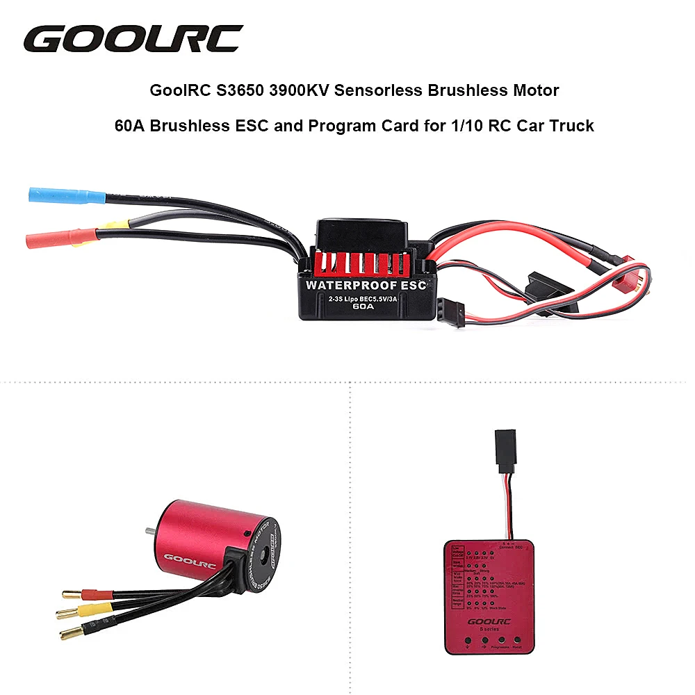 

Original S3650 3900KV Sensorless Brushless Motor 60A Brushless ESC and Program Card Combo Set for 1/10 RC Car Truck