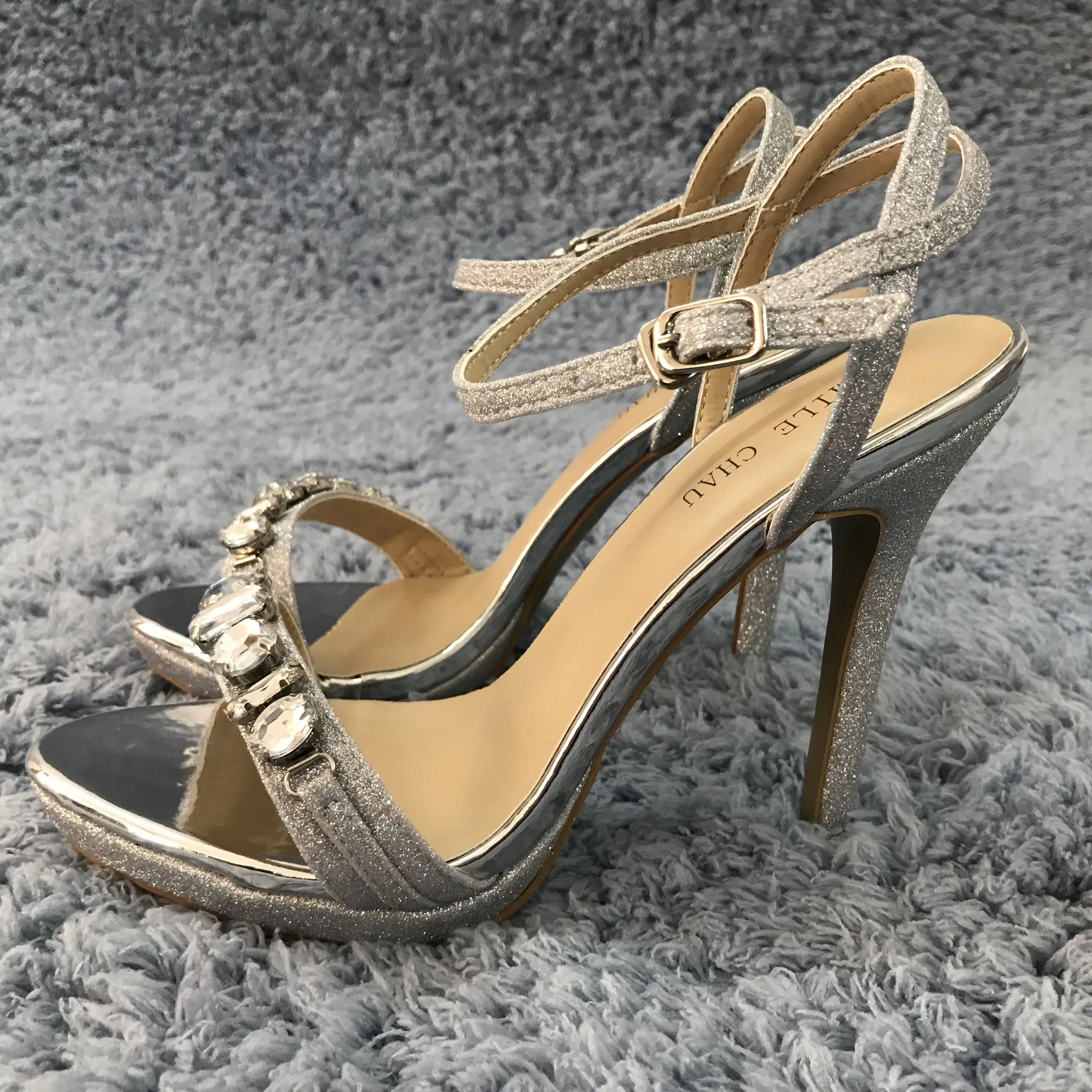 

Women Stiletto Thin High Heel Sandal Sexy Ankle Strap Open Toe Silver Glitter Crystal Wedding Party Bridals Lady Shoe 0640ASL-a6