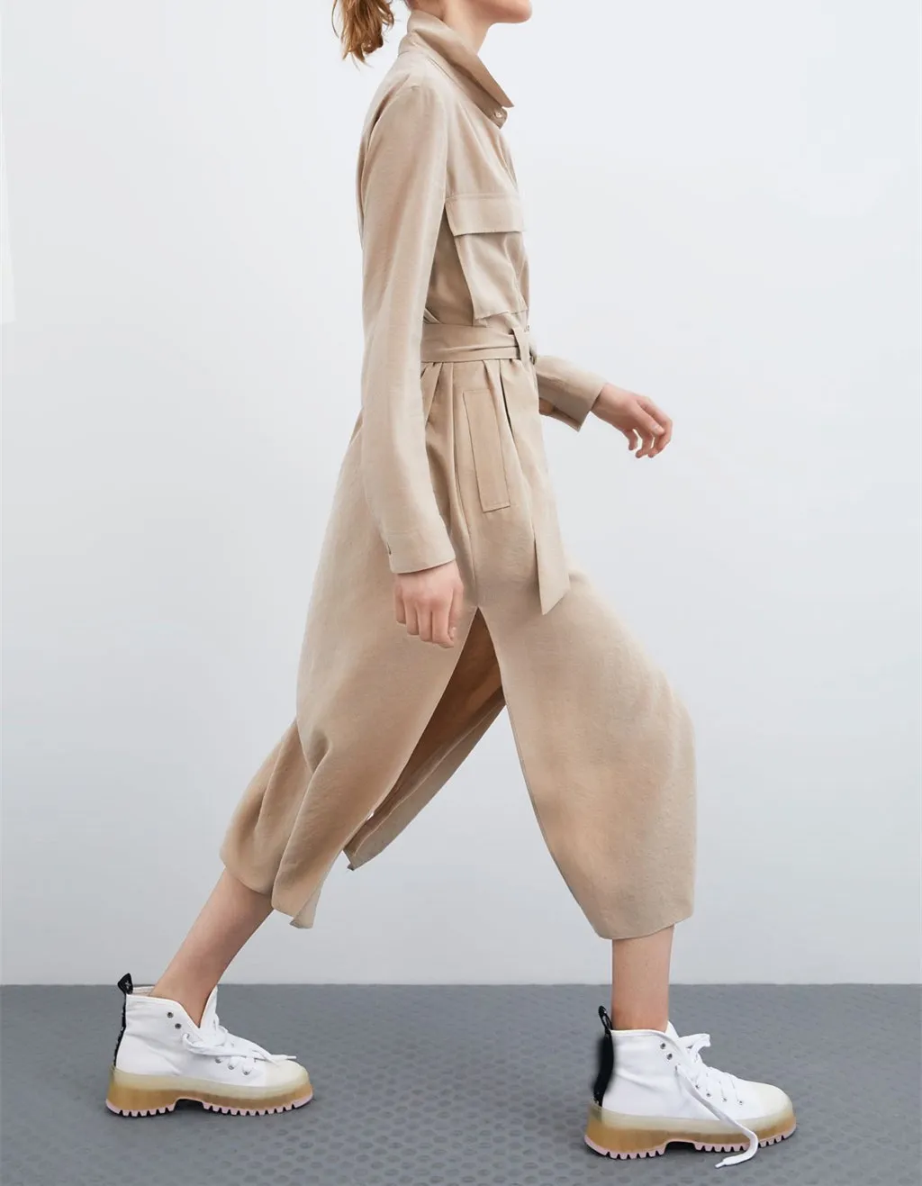 2019 Spring Summer Women Long Sleeve Pocket Casual Trench Turn-Down Collar Long Windbreaker Buttons Belt Solid Coats