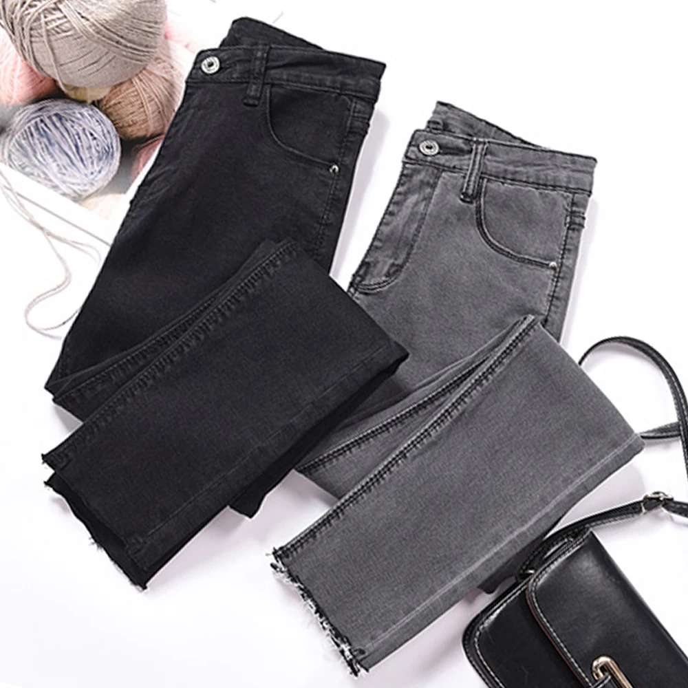 

Women's high waist jeans 2019 new fashion casual stretch skinny nine points denim washed comfortable wild tassel pencil jeans