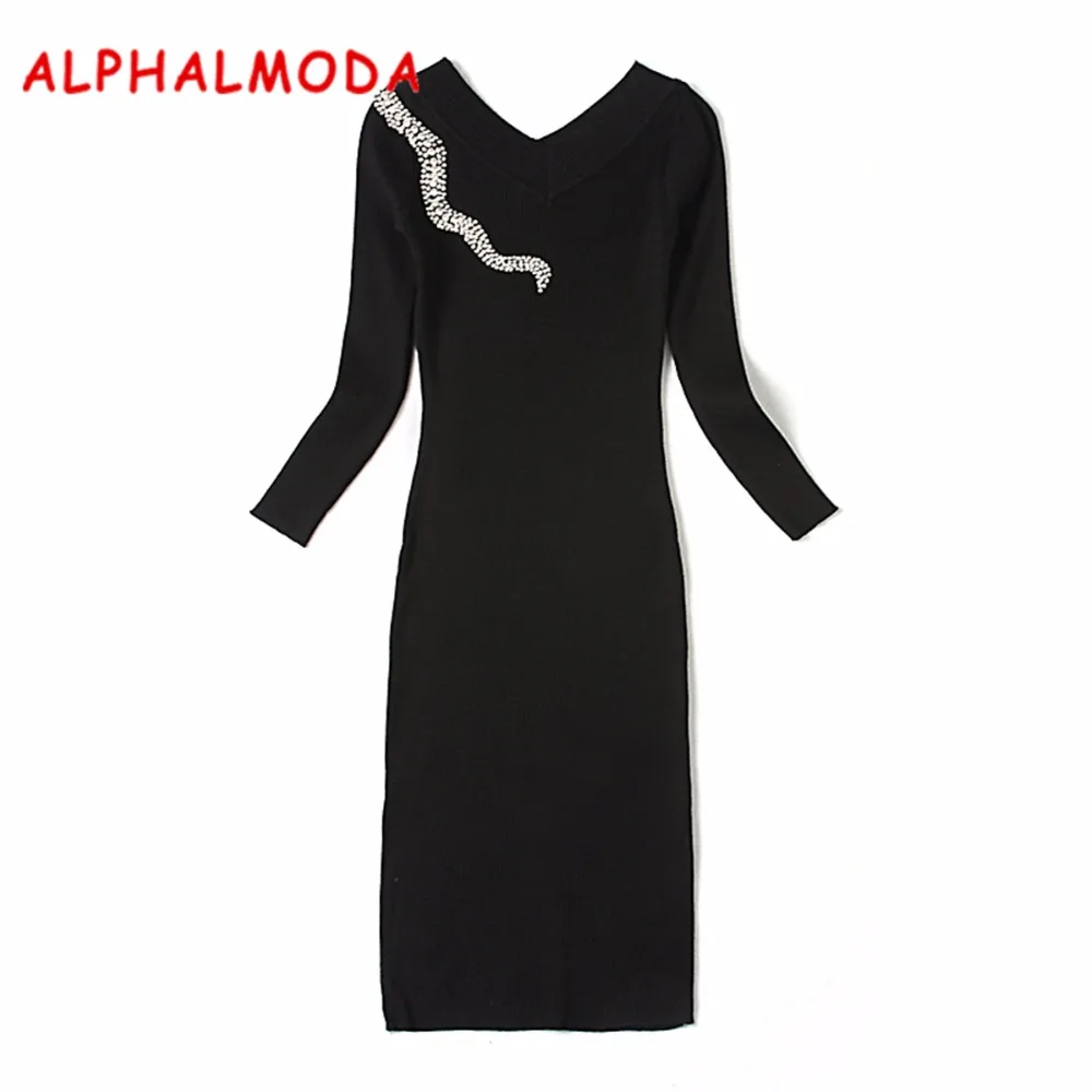 ALPHALMODA 2017 рождественское женское Элегантное трикотажное платье с кристаллами v