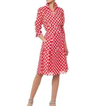 

Red Plaid Women Dress Heart Designer Long Sleeve Turn-Down Collar Dresses