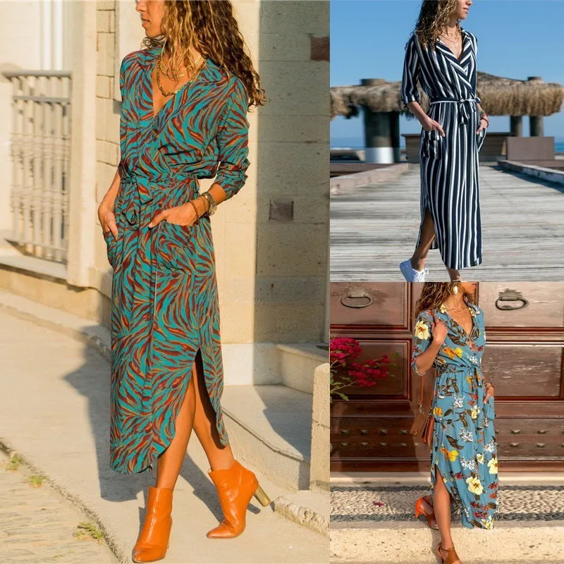 

Sptrited Boho Dress Women Summer 2019 Plus Size Floral Casual Dress Chiffon Ladies V Neck Print Split Long Dresses For Women 3XL