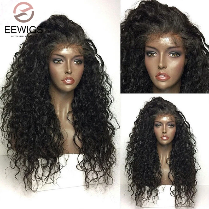 

EEWIGS Natural black Synthetic Lace Front Wig Glueless 180% Density Afro Curly Wigs Heat Resistant for Women Can Put Ponytail