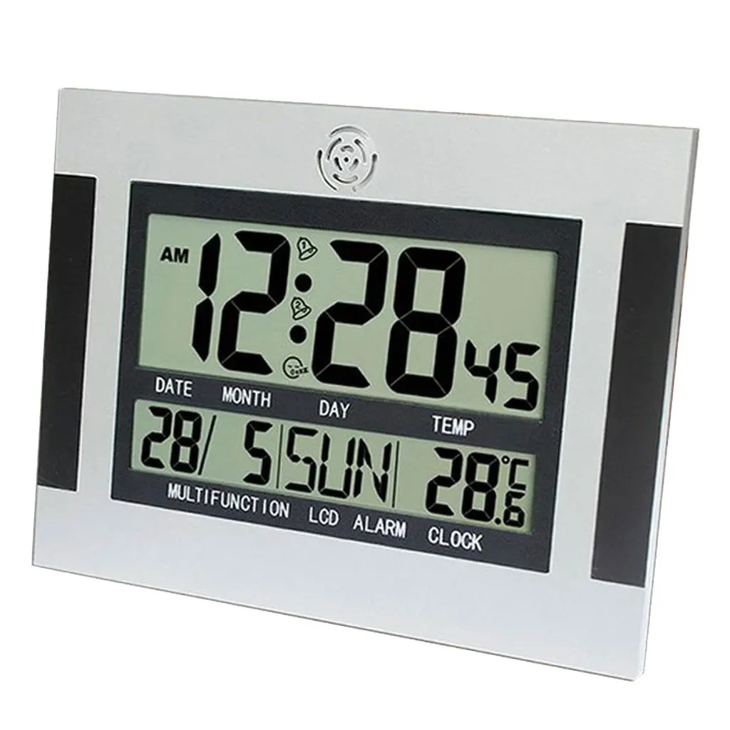Digital LCD Office Desk ALarm Clock Time Day Calendar Temp Meter Thermometer with LED Backlight, Desk Shelf Stand