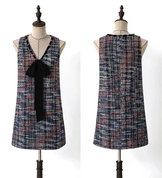 

High quality women's sleeveless V neck dress 2019 summer autumn elegant tweed dress A659