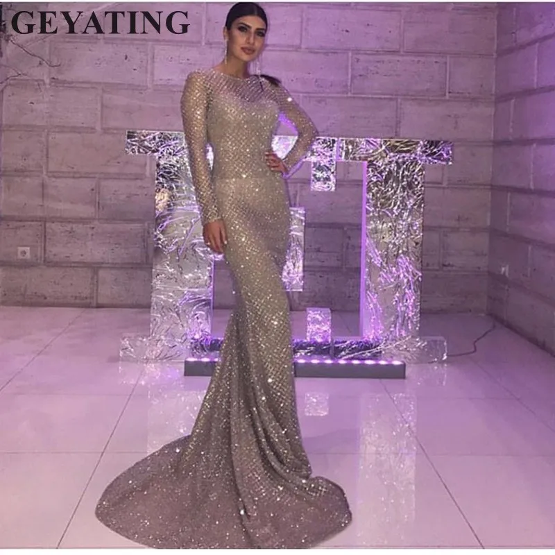 Glitter Silver Gold Sequins Evening Dress Long Sleeves Bodycon Elegant Women Formal Dress 2019 Saudi Arabia Dubai Prom Dresses Glitter Silver Gold Sequins Evening Dress Long Sleeves Bodycon Elegant Women Formal Dress 2019 Saudi Arabia Dubai Prom Dresses