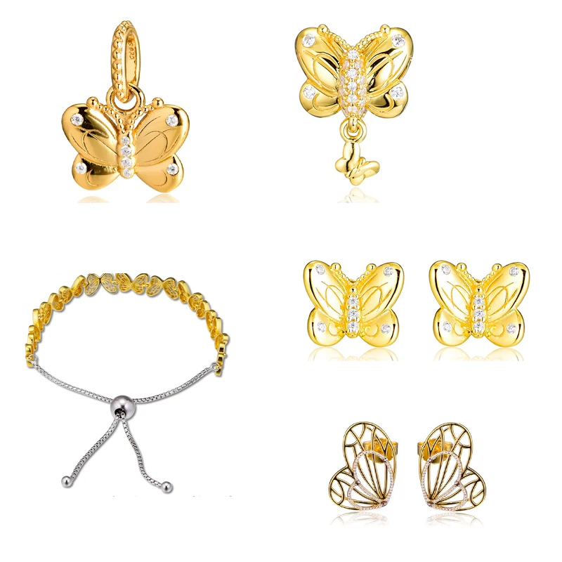 

925 Sterling Silver Shine Butterflies Sliding Bracelet Necklace Pendants Stud Earrings Bridal Jewelry Set for Women Gift PJS1