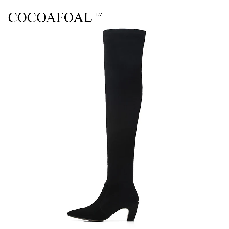 

COCOAFOAL Winter Fashion Pointed Toe Over The Knee Boots Genuine Leather Chelsea Thigh High Boots Women Black High Heeled Shoes