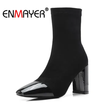 

ENMAYER Women Ankle boots Flock Short boots Winter Women shoes Square Toe Thick heels Shot Plush Fashion boots Size 34-39 CR1147
