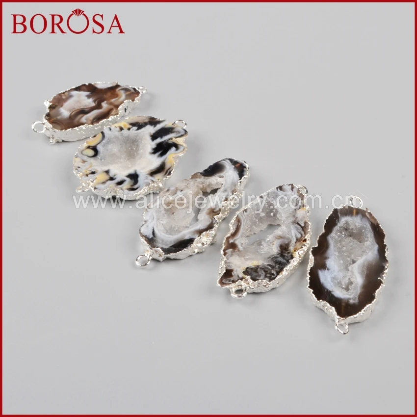 BOROSA 10 шт. Новое поступление серебряный цвет произвольной формы натуральный оникс Агаты Кристалл срез камня, подвеска из друзы разъем двойной Bails Для ювелирных изделий S0952