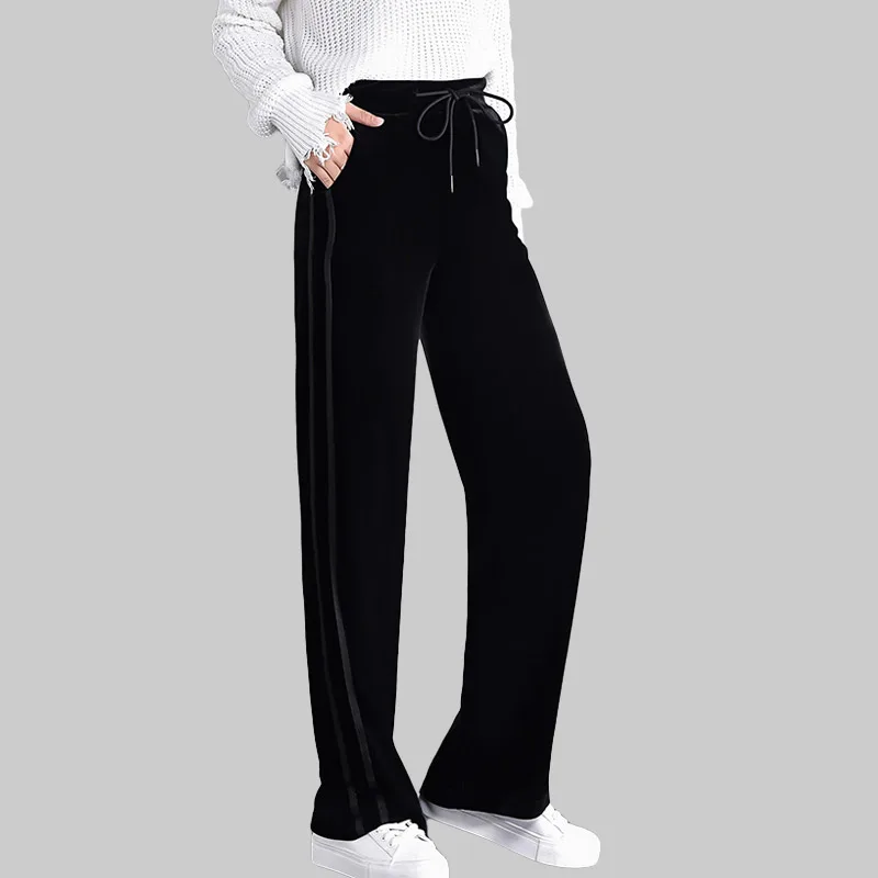 

LZMZA Winter Pants Women Drawstring Waist black Velvet Pant Female Trousers Casual Stripe Loose Long Pants Winter Pantalon